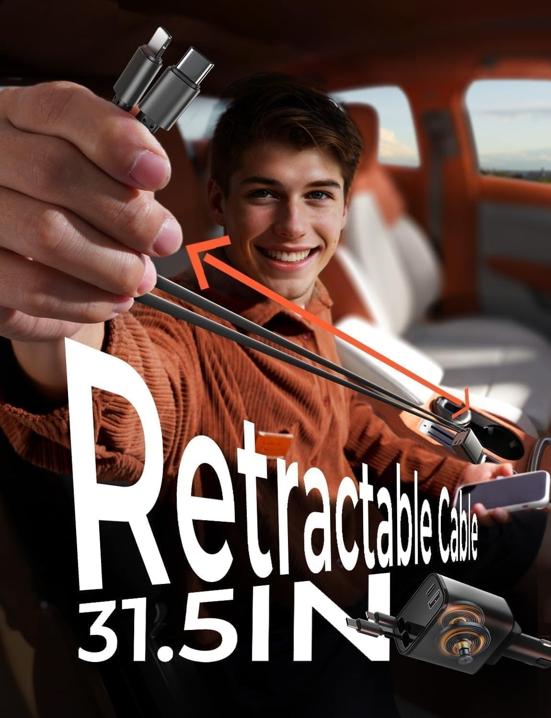 120W Super-Fast Retractable Car Phone Charger Compatable with Apple IPhone & Android شاحن هاتف يربط بمنفذ السيارة، سريع الشحن وقابل للسحب بقدرة 120 واط متوافق مع الايفون والاندرويد