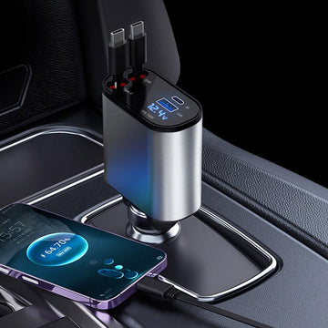 120W Super-Fast Retractable Car Phone Charger Compatable with Apple IPhone & Android شاحن هاتف يربط بمنفذ السيارة، سريع الشحن وقابل للسحب بقدرة 120 واط متوافق مع الايفون والاندرويد