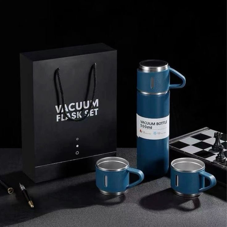 Premium Stainless Steel Vacuum Flask Set- Blue Color